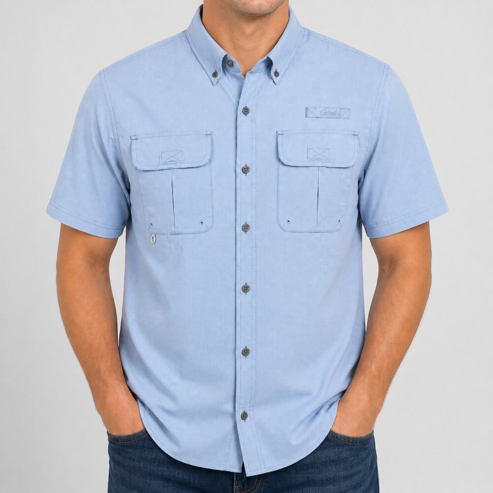 Cabelas Shirt Mens Large Blue Fishing Vented Houndstooth Short Sleeve